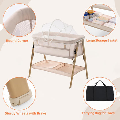 Next to Me Crib, 3 in 1 Baby Beside Crib for Babies from Birth to 9kg, Portable Travel Cot Bed with Wheels, Storage, Mosquito Net and Mattress Baby Co-Sleeper for Newborn Infant Beige
