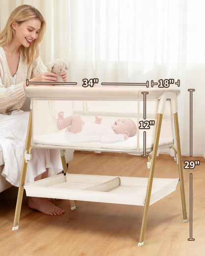 JevrJeur Baby Bassinet, Bedside Bassinet for Baby, Bassinet Bedside Sleeper with Mattress, Storage Basket and 4 Auto-Lock Wheels, Full-Mesh Sides, Bedside