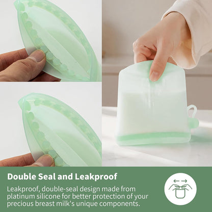 Reusable Silicone Breast Milk Storage Bags with Wide Opening, Double-Seal Design, One-Piece, Fridge and Freezer Storable (Green, 7 Packs)