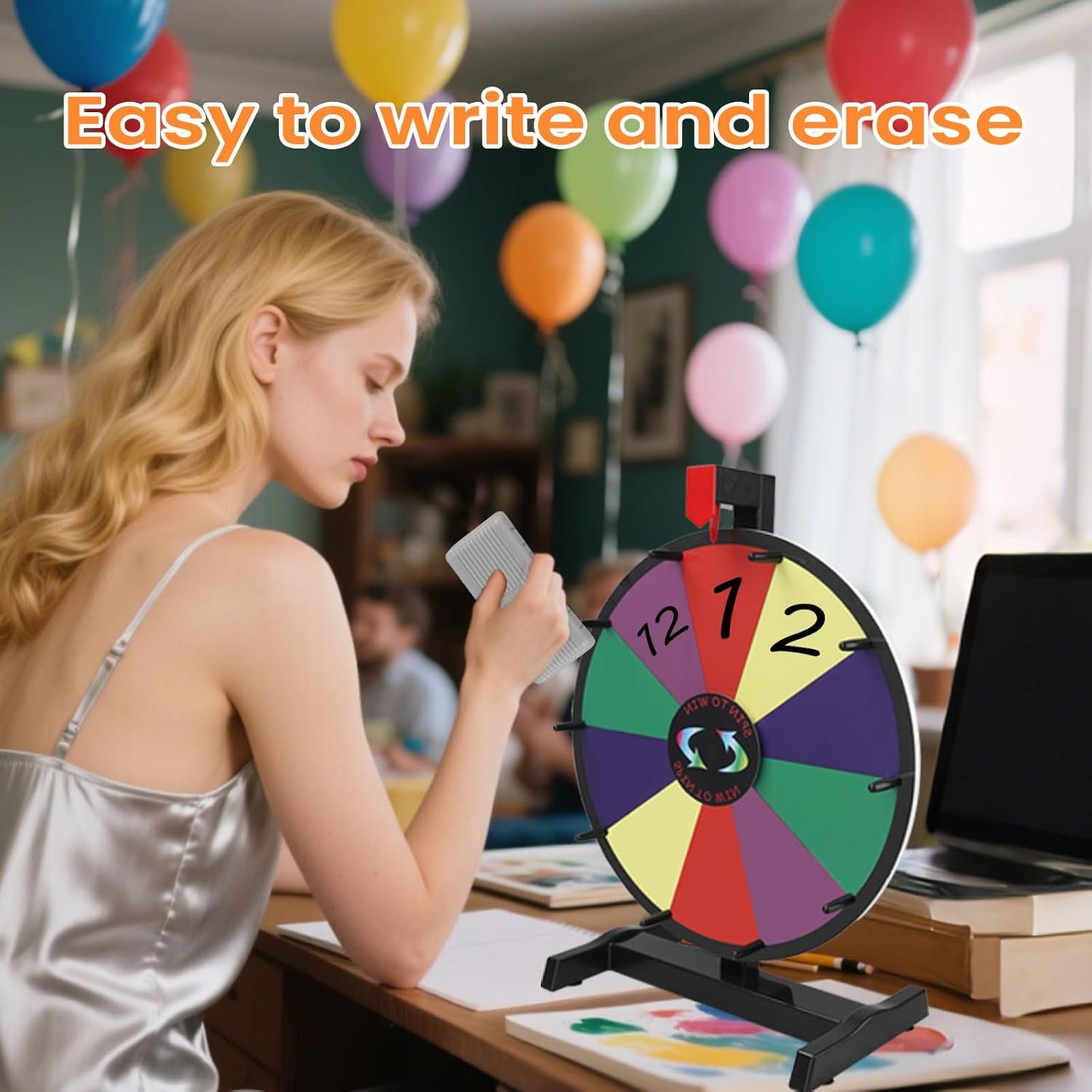 iElyiEsy 15 Inch Tabletop Spinning Prize Wheel with Dry Erase Markers and Erase, 10 Slots Surface Spin the Wheel for Trade Show Carnival Party Pub Fortune Game