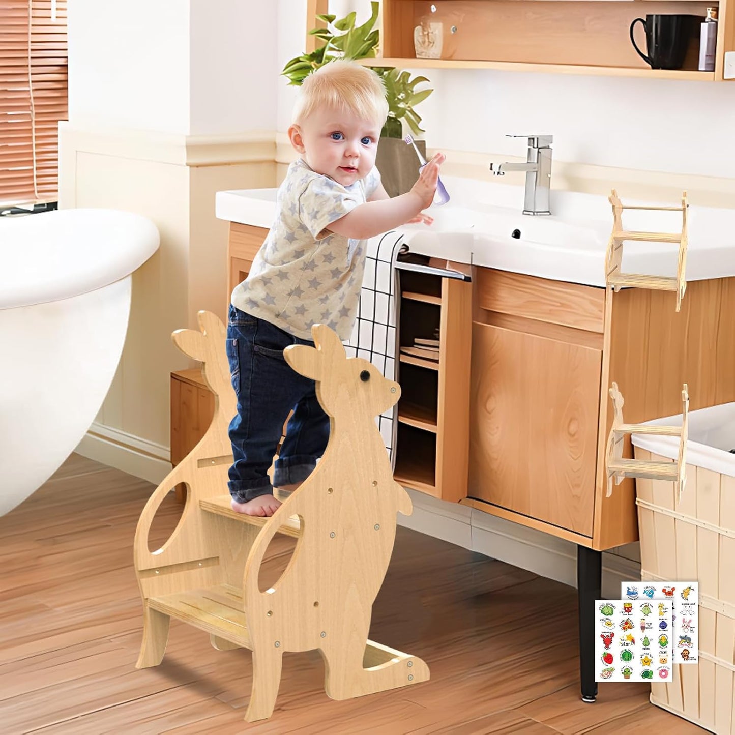 Wooden Toddler Step Stool for Bathroom Sink, Adjustable Height 2 in 1 Toddler Kitchen Stool Helper Tower with Safety Rail Toilet Potty Training Kids Learning Standing Tower for Kitchen Counter