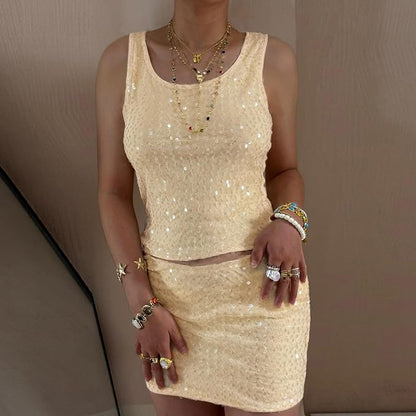 Acrawnni Women's 2 Piece Sequin Skirt Set Y2k Glitter Sparkly Sleeveless Cami Crop Tank Top Y2k Mini Skirt Sets Party Clubwear Rave Outfit CHAMPAGNE COLOUR