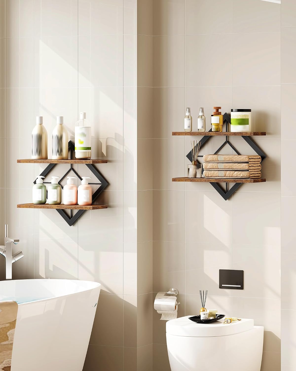 Floating Shelves Set of 2, Diamond-Shaped Wall Shelf, Rustic Brown