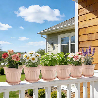 6 Pack 16.5cm Plant Pots, Plastic Planters with Drainage Holes and Saucers, Decorative Embossed Flower Pots for Indoor Outdoor House Plants Succulent Orchid Cactus Herb (Pink)