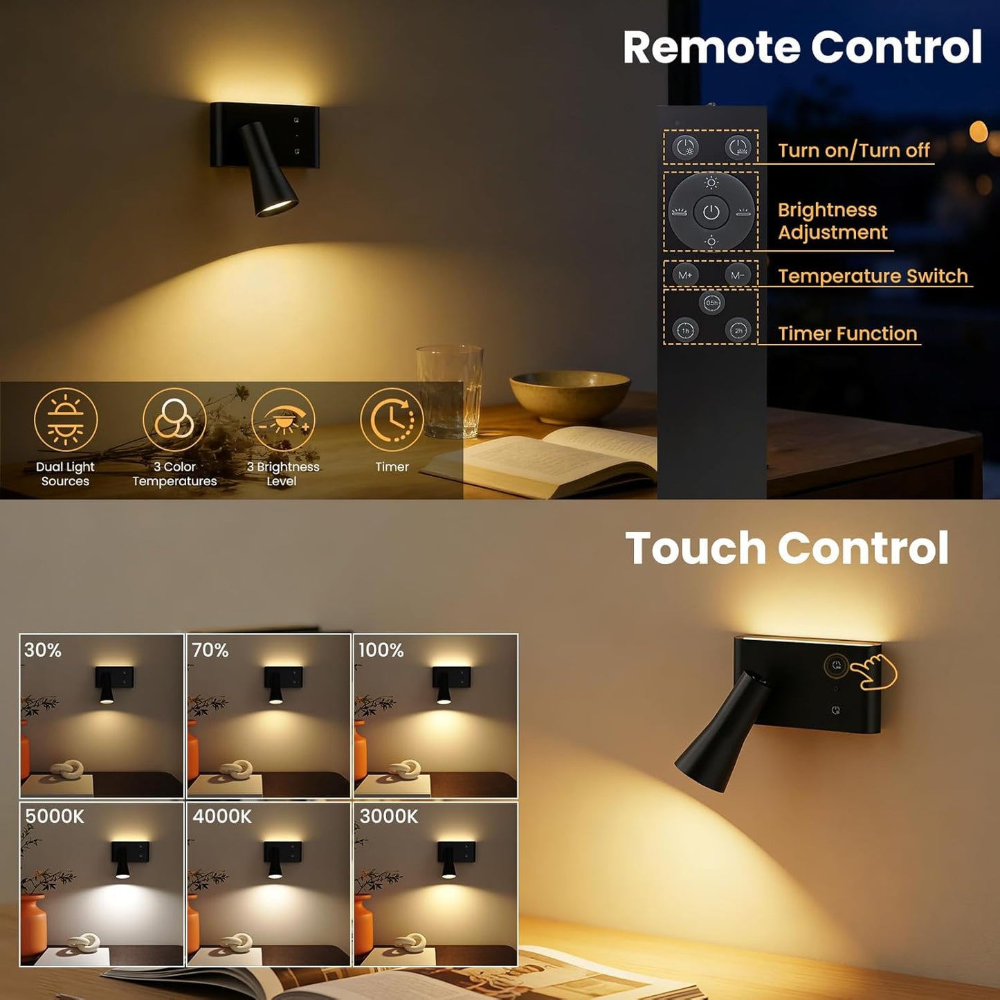 Battery Operated Wall Sconces Rotatable, Wireless Rechargeable Wall Sconce, Dimmable & 3 Colors Wall Mounted Reading Light, Black Wall Lamps Remote Control for Bedroom Living Room (1 Pack) [Energy Class G]