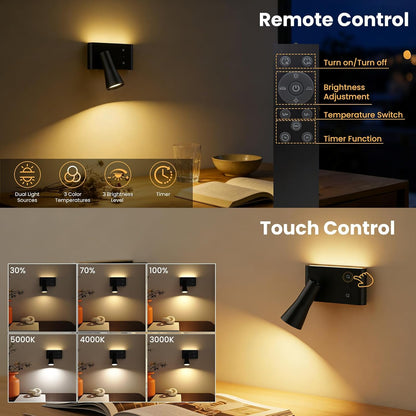 Battery Operated Wall Sconces Rotatable, Wireless Rechargeable Wall Sconce, Dimmable & 3 Colors Wall Mounted Reading Light, Black Wall Lamps Remote Control for Bedroom Living Room (1 Pack) [Energy Class G]