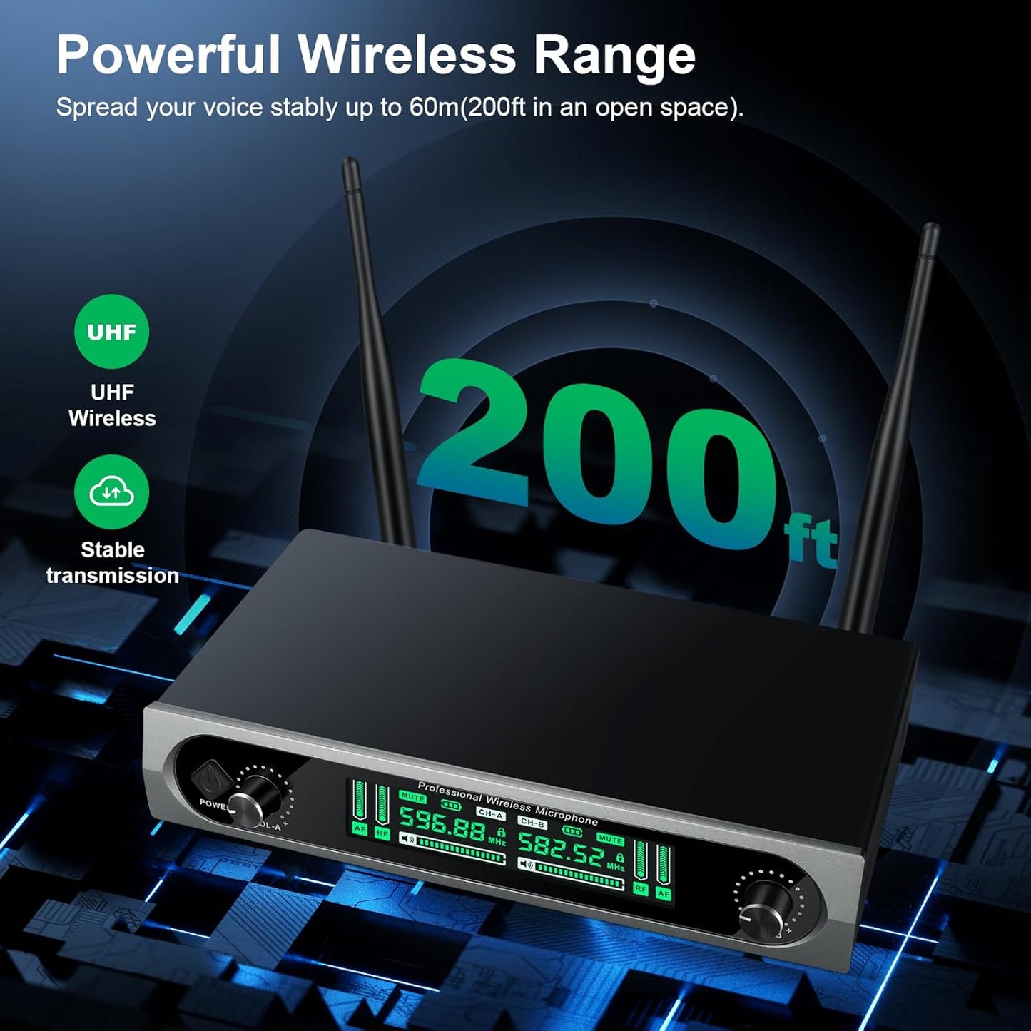 Wireless UHF Microphone System, w/ 2 Handhelds, Auto Scan,2x50 UHF Frequencies,200ft Range,Dynamic Microphone for Singing, Karaoke, Church