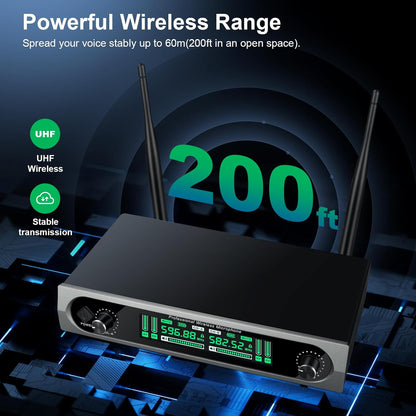 Wireless UHF Microphone System, w/ 2 Handhelds, Auto Scan,2x50 UHF Frequencies,200ft Range,Dynamic Microphone for Singing, Karaoke, Church