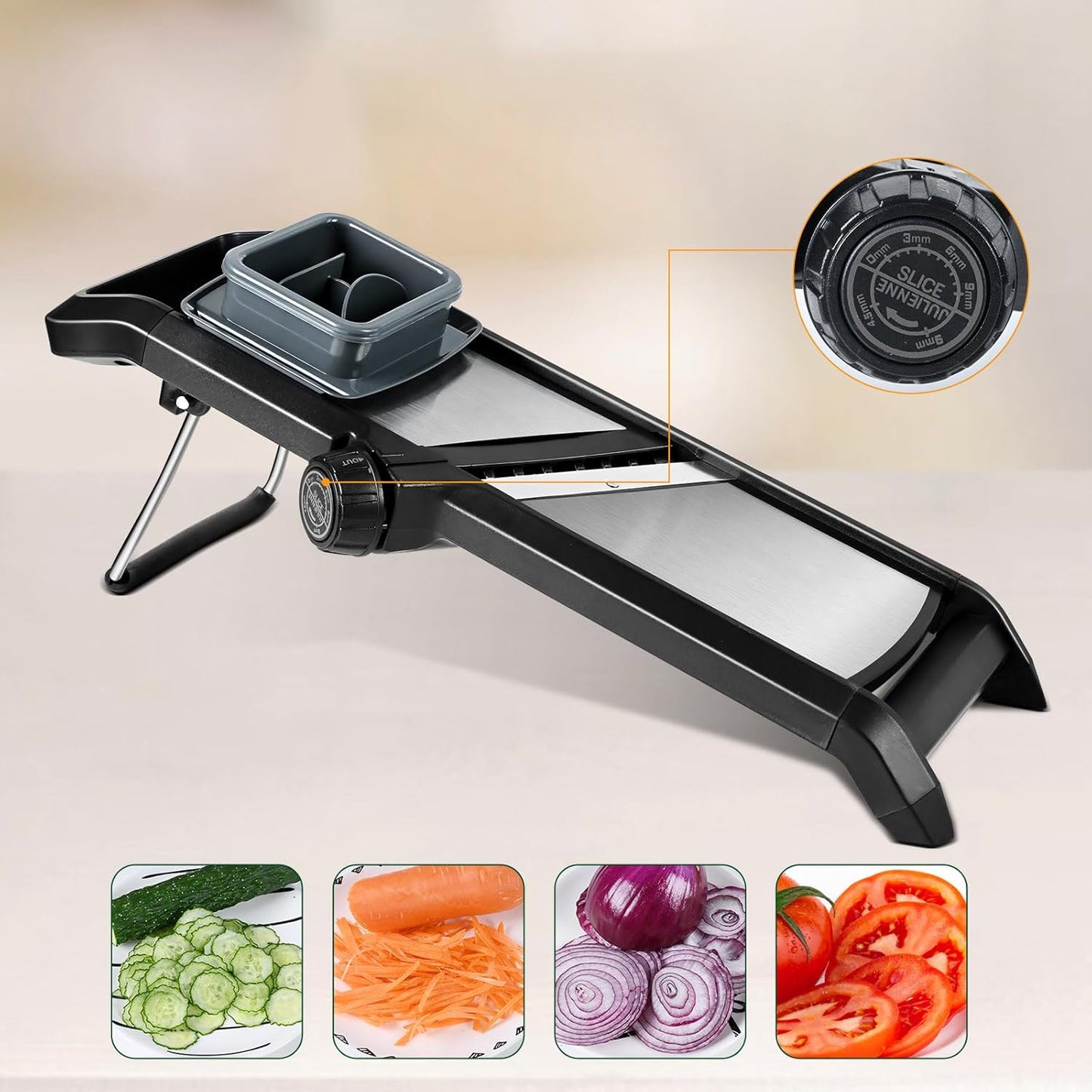 Adjustable Mandoline Vegetable Slicer by Harcas. for Slicing Cutting Food, Fruit, Vegetables, Onions and Potatoes. Mandolin Slicer Julienne Cutter (Black)