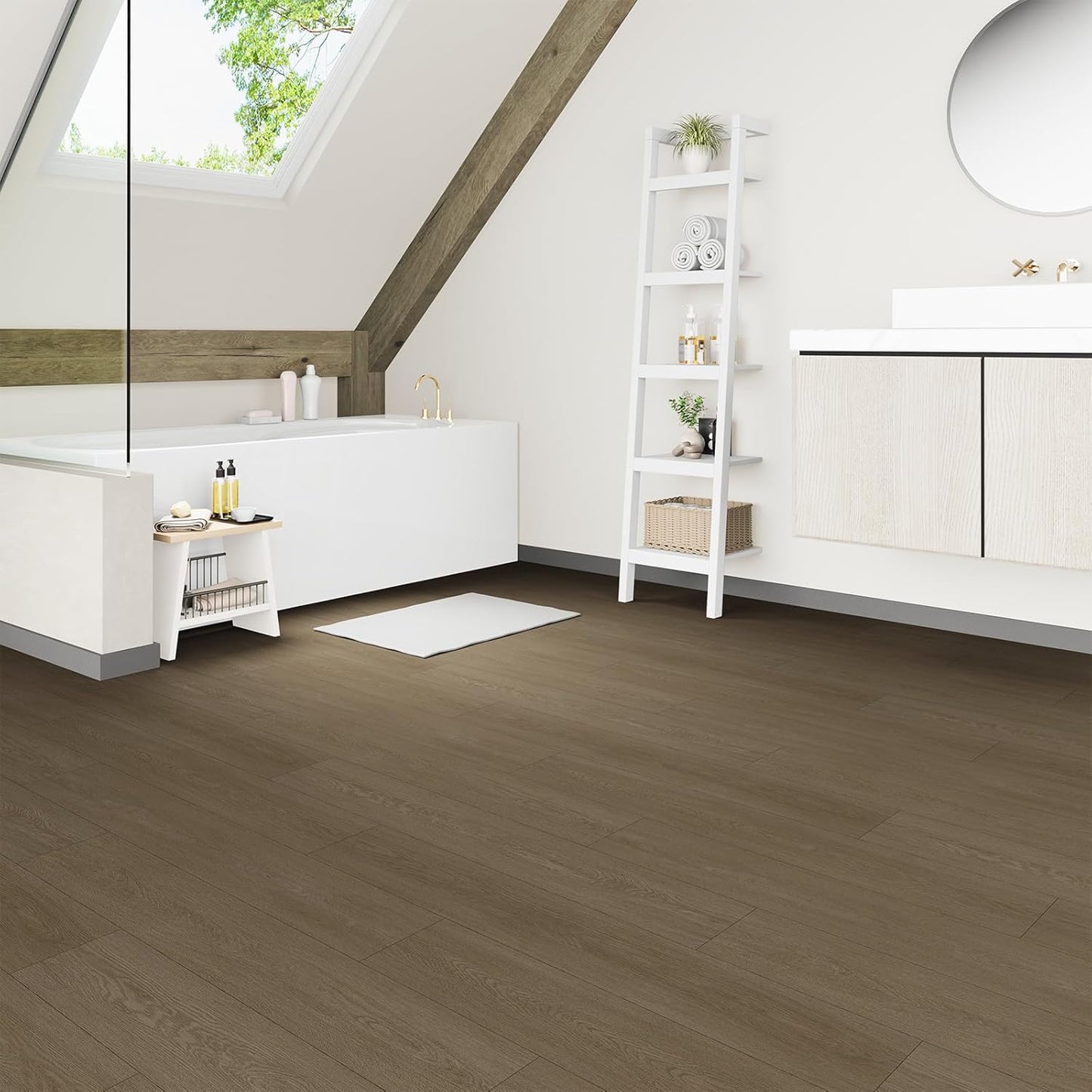 Stylish bathroom with ATOPOSE peel and stick wood effect flooring in a modern, elegant design