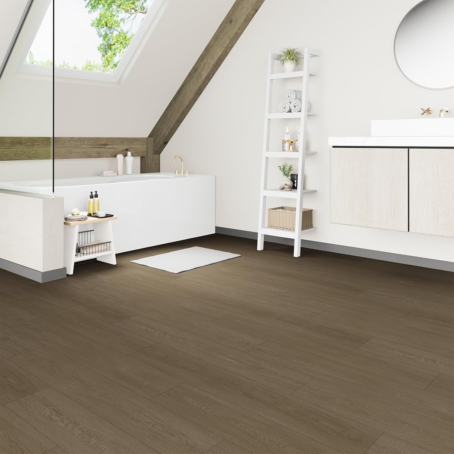 Stylish bathroom with ATOPOSE peel and stick wood effect flooring in a modern, elegant design