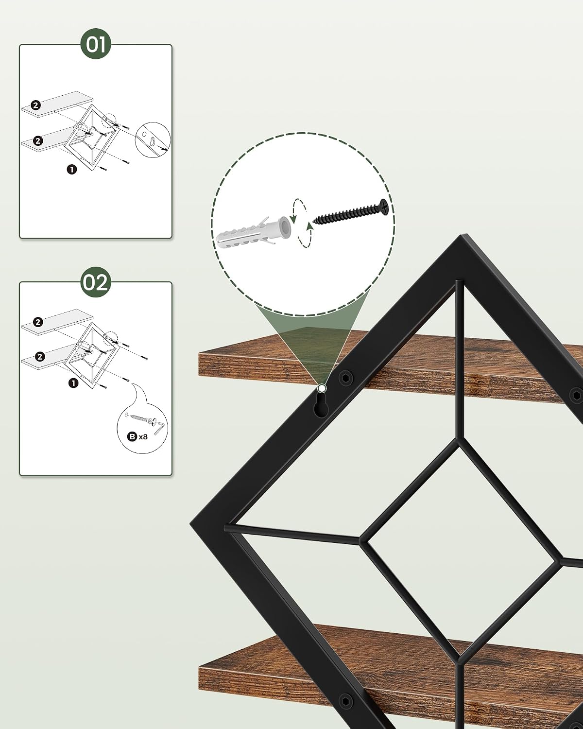 Floating Shelves Set of 2, Diamond-Shaped Wall Shelf, Rustic Brown