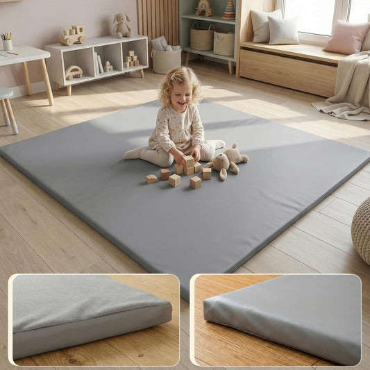 Dual-Sided Play Mat for Kids, Waterproof Faux Leather One Side, Ultra-Soft Synthetic Velvet the Other, 3cm Memory Foam Detachable Playpen Mat, 150×150cm Crawling Nursery Carpet for Floor, Grey Visit the jxgzyy Store