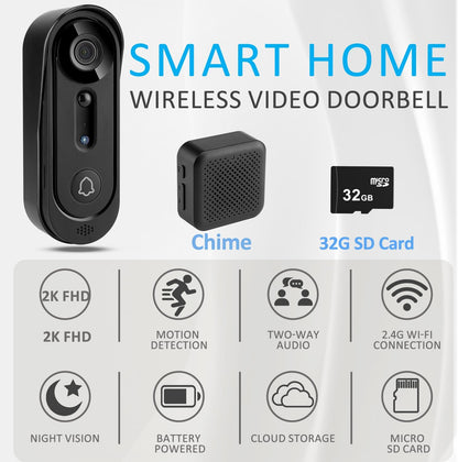 2K Wireless Video Doorbell Camera with Chime  & 32GB SD Card