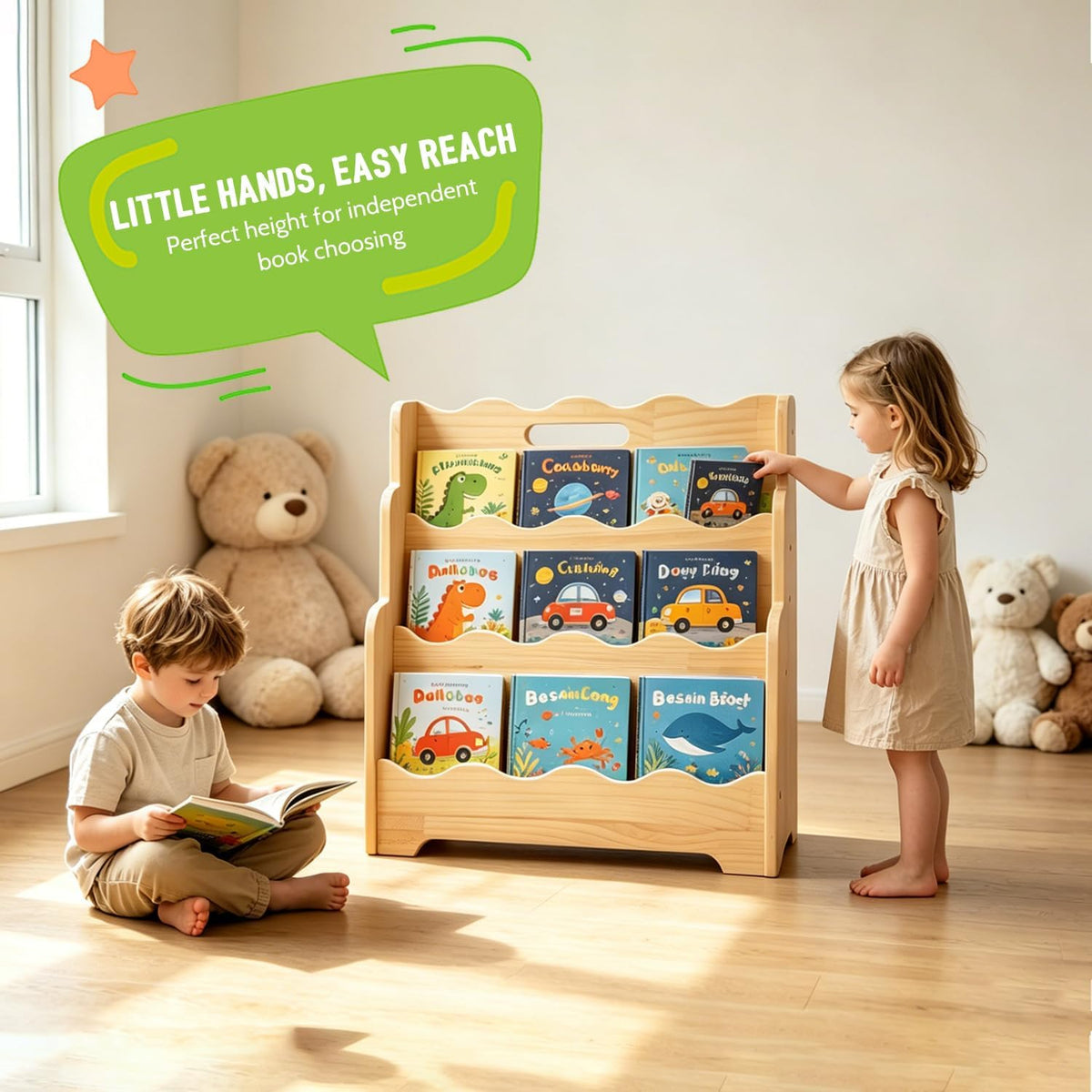 Scalloped Kids Bookshelf, 3-Tier Montessori Toddler Bookcase, Front-Facing Book Organizer with Handle, Solid Pine Wood, Nursery Book Shelves for Bedroom Playroom Classroom & Reading Corner