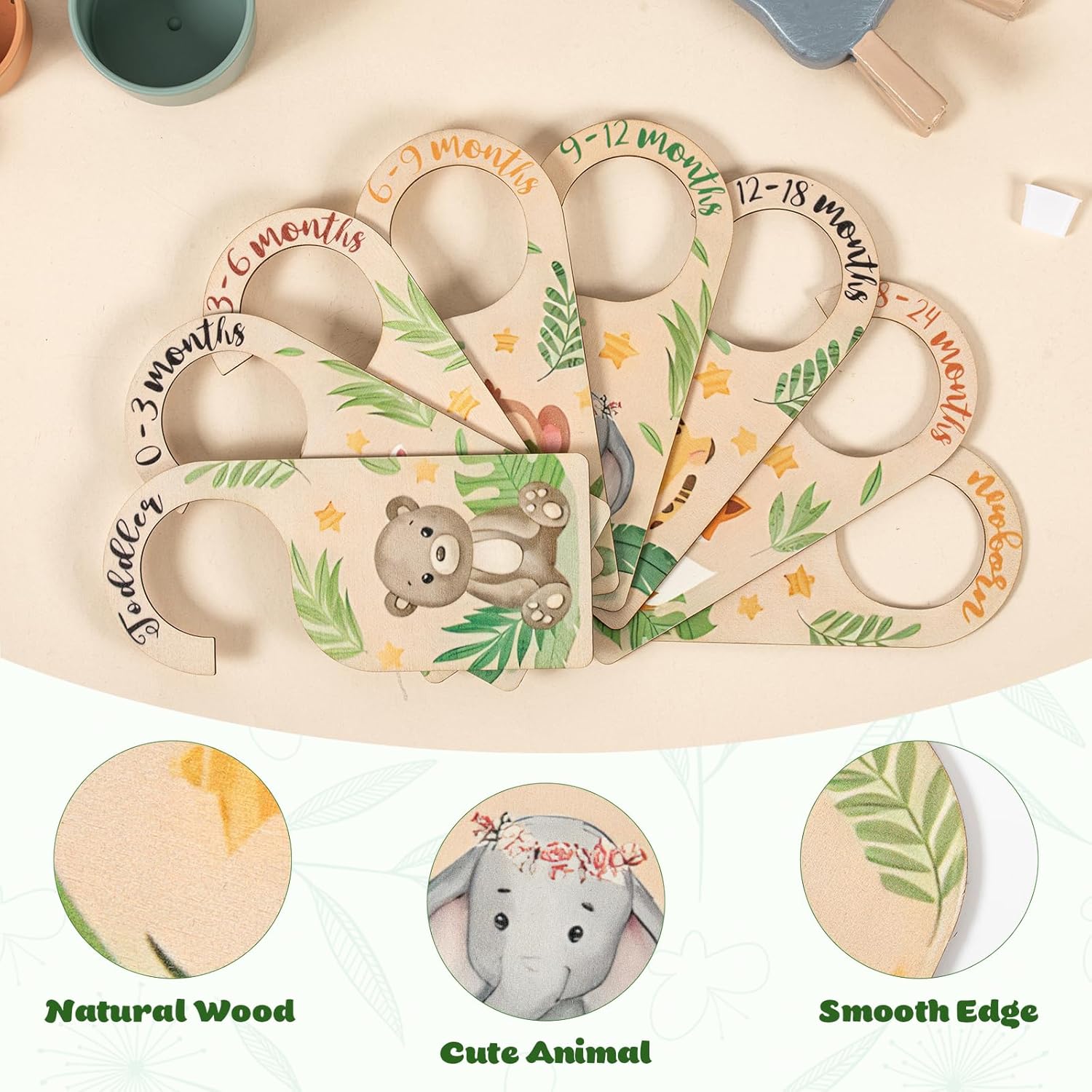 Vinuwu wooden baby wardrobe dividers featuring cute animal designs for easy age organisation