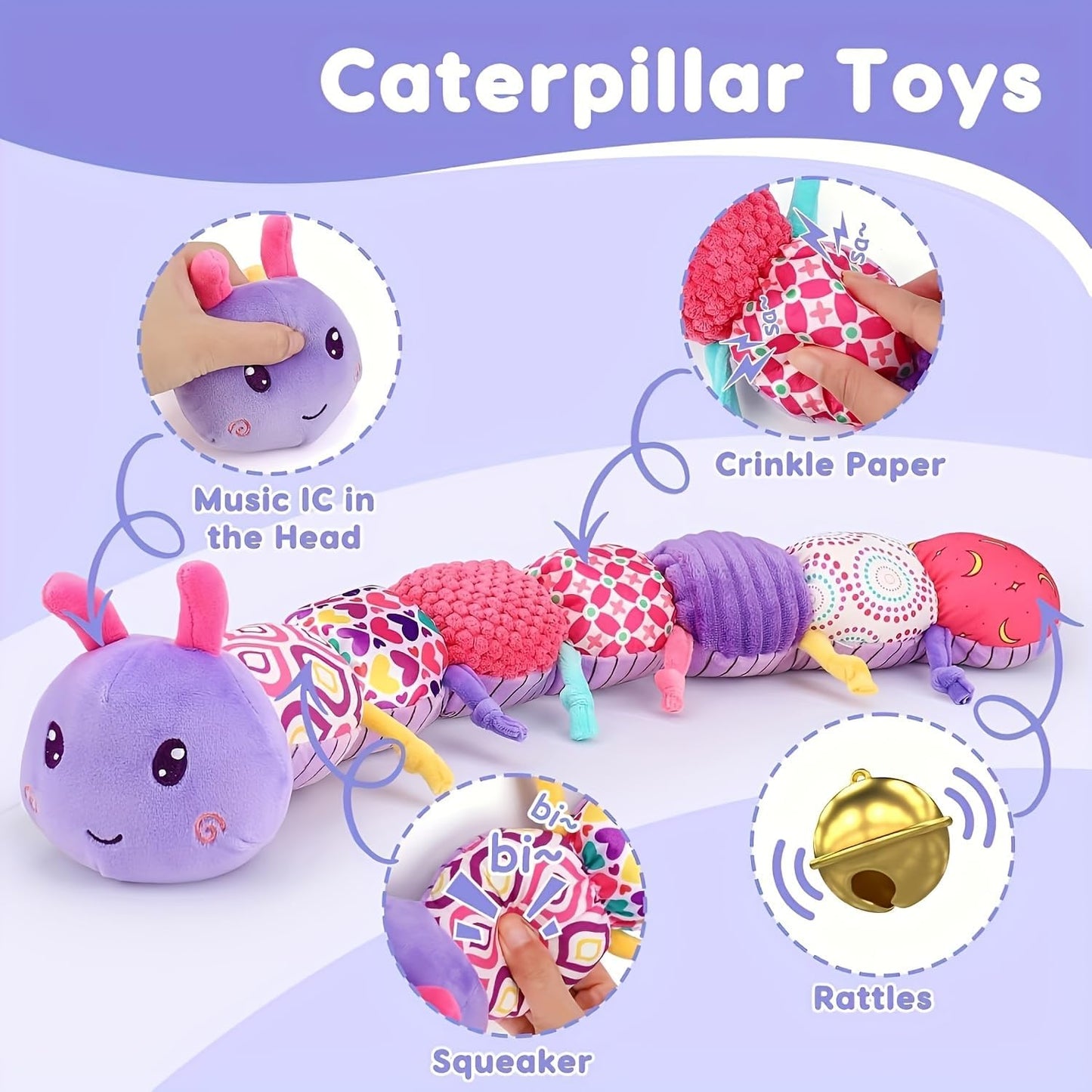 Baby Infant Caterpillar Musical Stuffed Animal Soft Toy with Multi-Sensory Crinkle, Rattle and Textures, Baby Girl Toy Birthday Gift for 0 3 6 9 12 Months+
