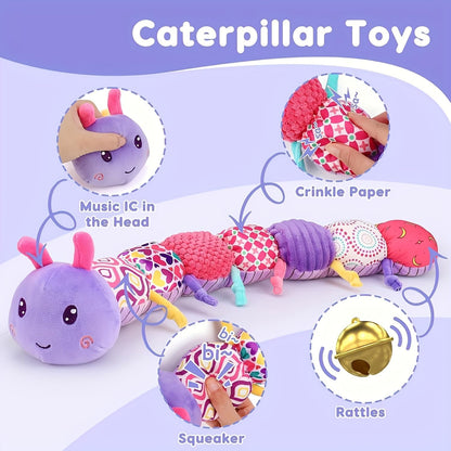 Baby Infant Caterpillar Musical Stuffed Animal Soft Toy with Multi-Sensory Crinkle, Rattle and Textures, Baby Girl Toy Birthday Gift for 0 3 6 9 12 Months+