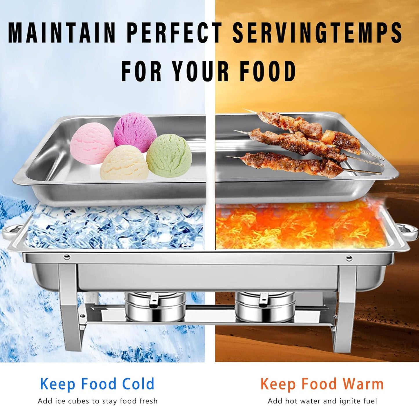 8 Qt Chafing Dish Stainless Steel Silver Rectangular Catering Food Warmer with Trays Pan Lid Folding Frame Stand for Banquet Dining Kitchen Party