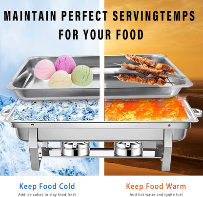 8 Qt Chafing Dish Stainless Steel Silver Rectangular Catering Food Warmer with Trays Pan Lid Folding Frame Stand for Banquet Dining Kitchen Party