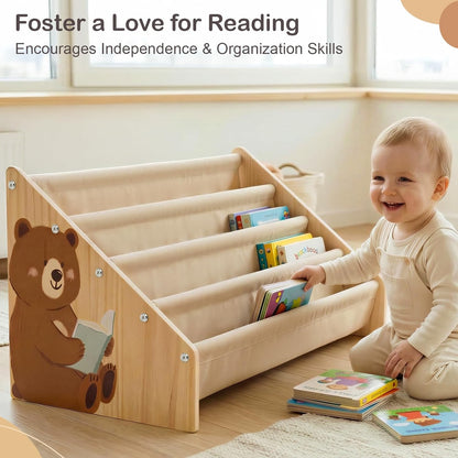 Kids Bookshelf, 4-Tier Solid Wood Toddler Bookcase for Nursery