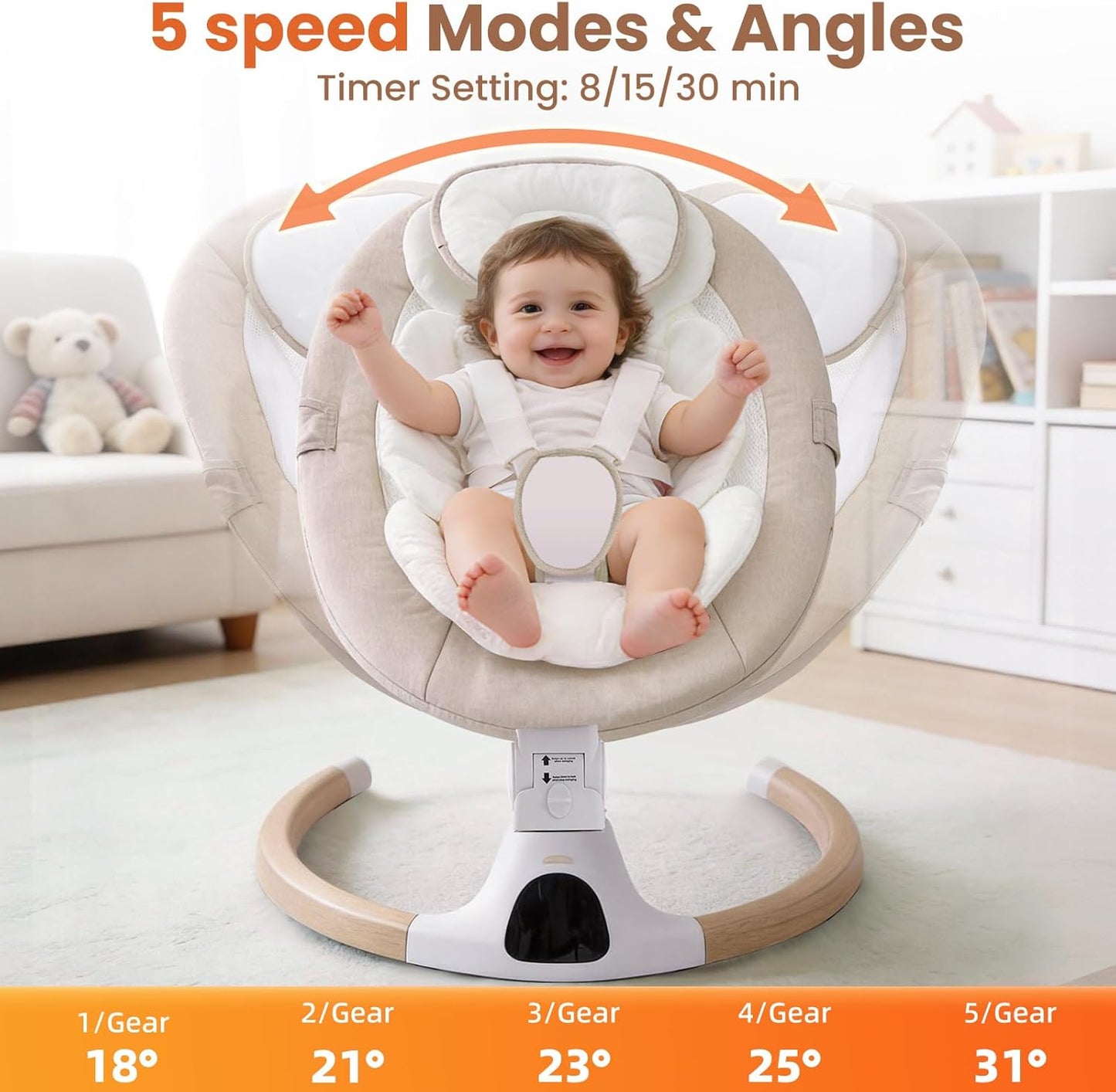 Electric Baby Swing Chair from Birth, 0–6 Months, max 9kg，Portable Newborn Baby Bouncer with Bluetooth, Rocking Rocker Chair 5 Swing Speed