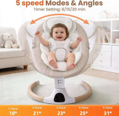 Electric Baby Swing Chair from Birth, 0–6 Months, max 9kg，Portable Newborn Baby Bouncer with Bluetooth, Rocking Rocker Chair 5 Swing Speed