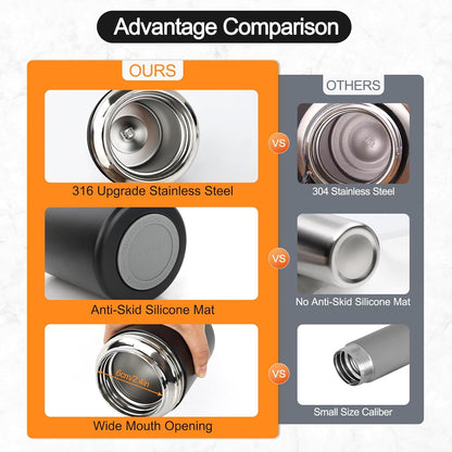 Food Flask, 600ml (21oz) 316 Stainless Steel Vacuum Insulated Food Container, Food Flasks for Hot/Cold Food, Leak Proof Soup Containers with Bag & Spoon (Black)