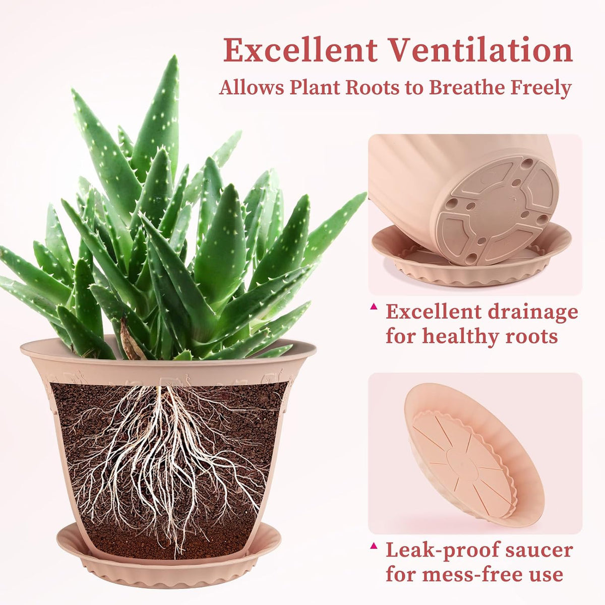 6 Pack 16.5cm Plant Pots, Plastic Planters with Drainage Holes and Saucers, Decorative Embossed Flower Pots for Indoor Outdoor House Plants Succulent Orchid Cactus Herb (Pink)