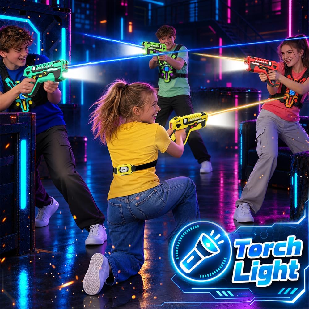 VATOS Rechargeable Laser Tag Set for 4 Players - 360° Combat, 2.4GHz Real-time Data Sync, Night Ready & 5 Weapon Modes - 4 Guns 4 Vests 4 Rear Receivers - Birthday Gifts for Kids Teens