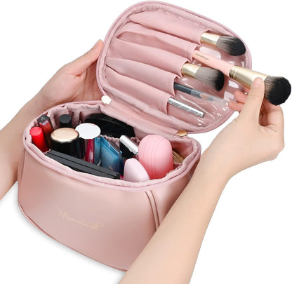 Darbermu Cosmetic Bag PU Portable Travel Makeup Bag for Women, Waterproof Large Capacity Makeup Organiser Bag Toiletry Bag Gifts for Girls Women (Pink)