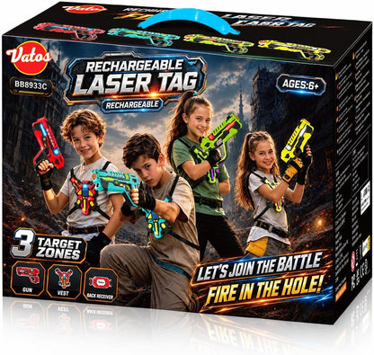 VATOS Rechargeable Laser Tag Set for 4 Players - 360° Combat, 2.4GHz Real-time Data Sync, Night Ready & 5 Weapon Modes - 4 Guns 4 Vests 4 Rear Receivers - Birthday Gifts for Kids Teens