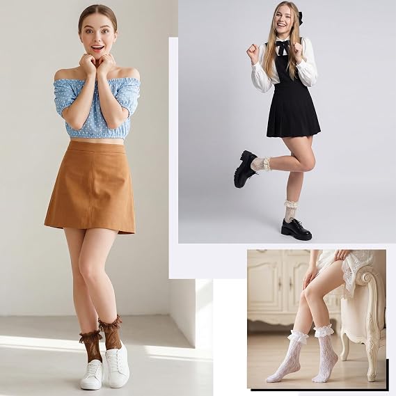 Zuimei 6 Pairs Womens Ruffle Socks,Lace Ruffle Socks,Womens Cotton Cute Ankle Sock for Girls Lolita Princess Accessories (White+dark brown+gray+beige+light brown+black)