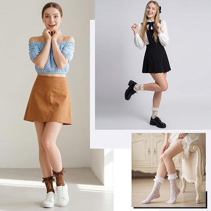 Zuimei 6 Pairs Womens Ruffle Socks,Lace Ruffle Socks,Womens Cotton Cute Ankle Sock for Girls Lolita Princess Accessories (White+dark brown+gray+beige+light brown+black)