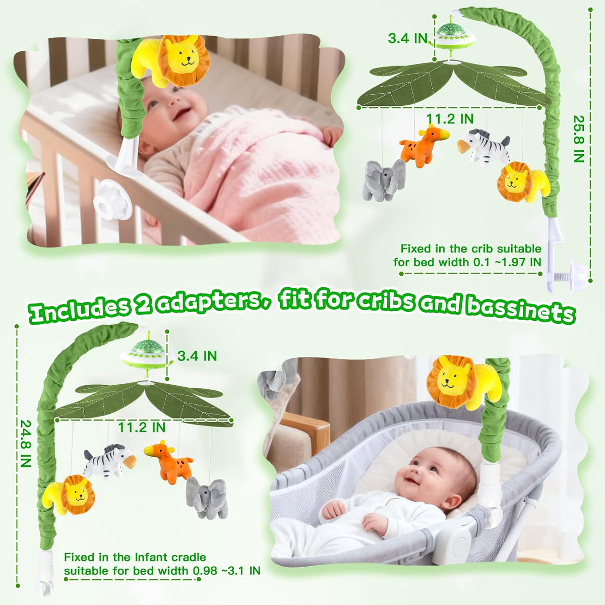 VZO Baby Cot Mobile, Crib Mobile with Music and Projection, Musical Cot Mobiles for Babies, Baby Nursery Cot Mobile Decor Green