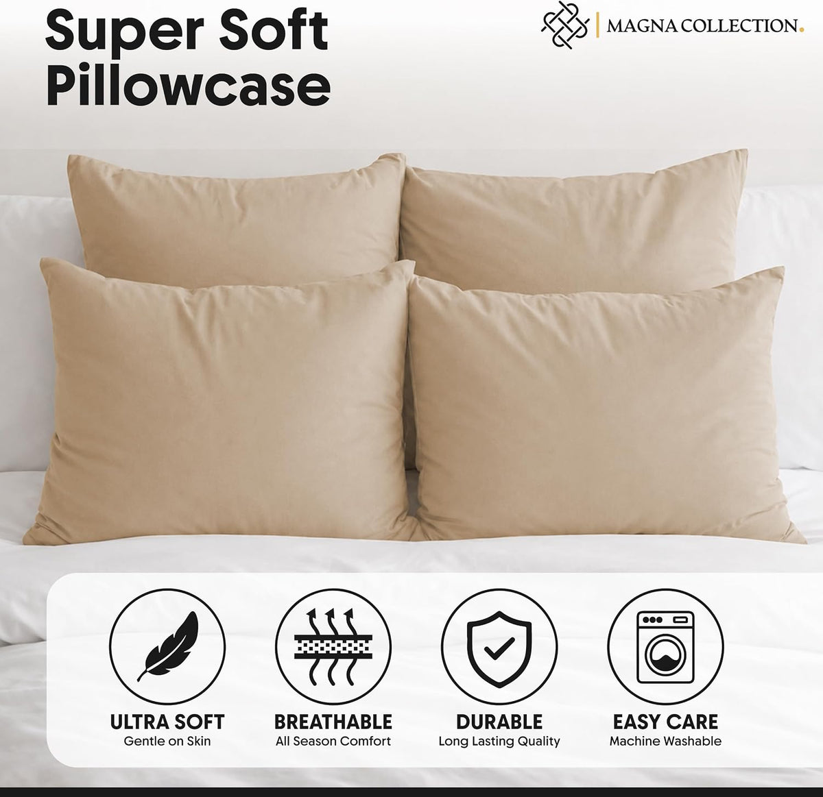 Pillow Cases 4 Pack 75 x 50 cm Brushed Microfibre (Beige)