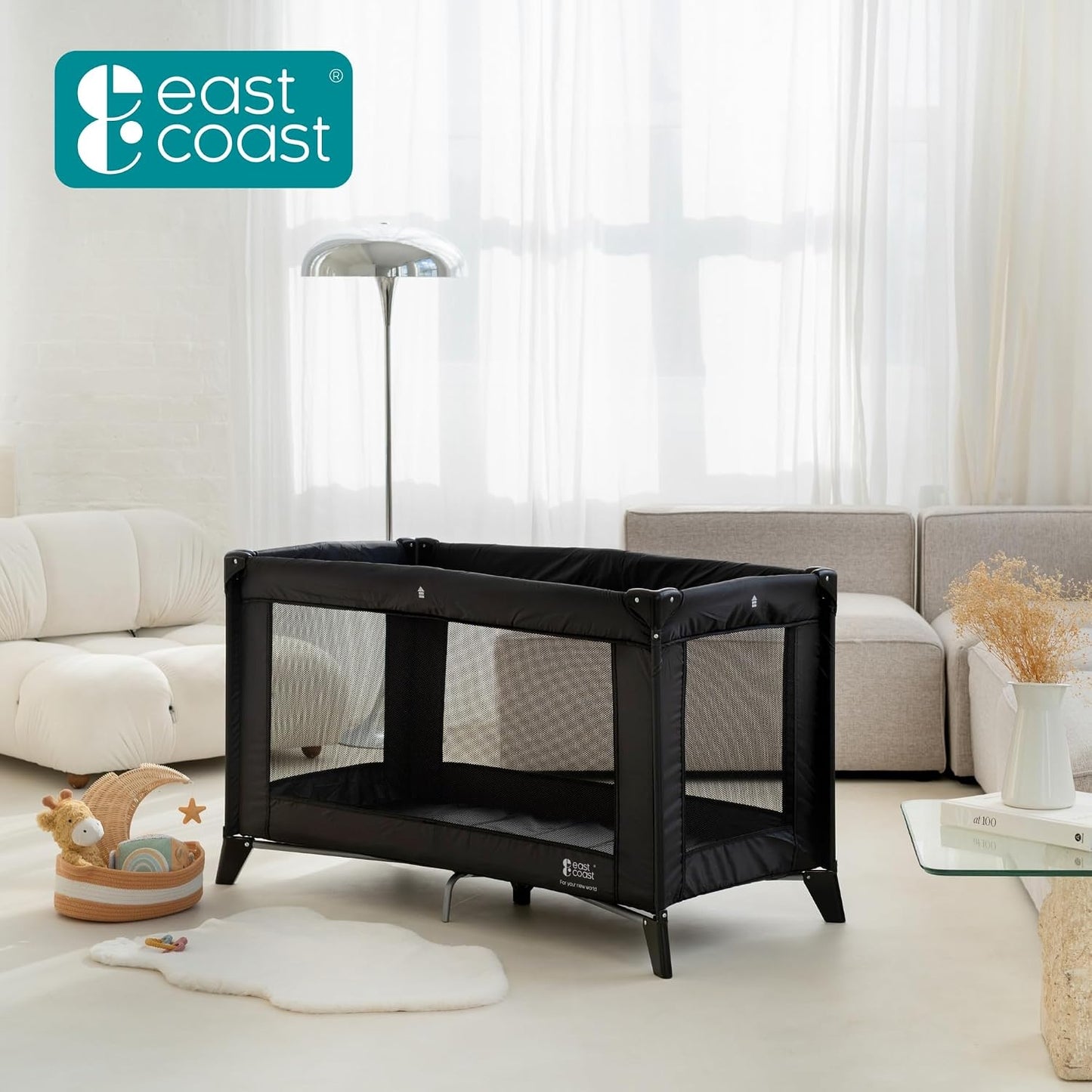 EastCoast Travel Cot with Padded Mattress Lightweight Compact and Portable Baby Bed 120 x 60 cm | Breathable mesh