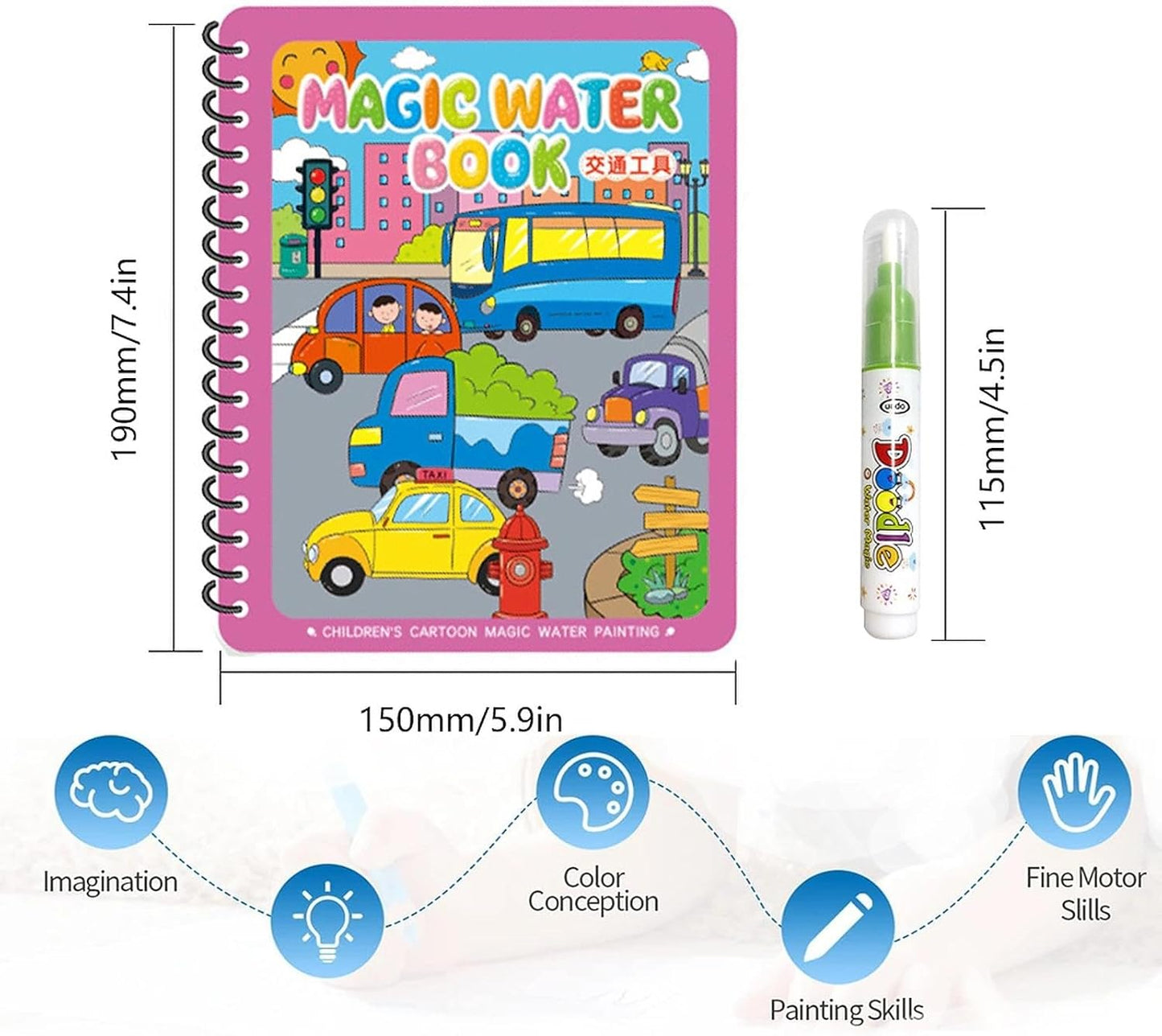 PLCatis 4 Pieces Magic Water Colouring Books Water Coloring Book for Children Reusable Painting Books with Pens Water Doodle Book Gift for Toddler Boys Girls
