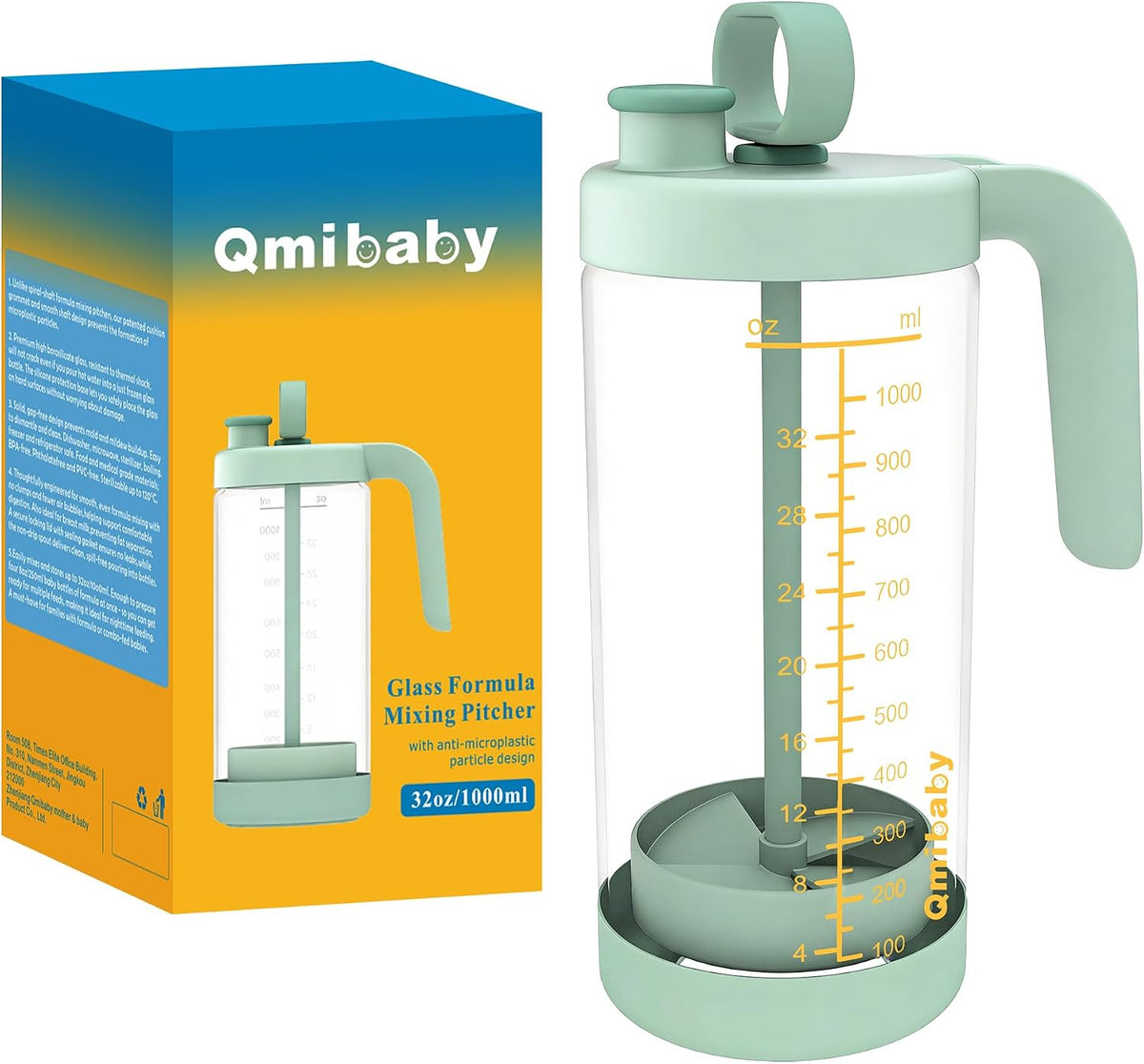 Borosilicate Glass Formula Mixing Pitcher – 32oz Mixing Capacity, Dishwasher-Safe, BPA-Free Lid, Perfect for Breastmilk Pitcher Method & Multi-Baby Feeding Green