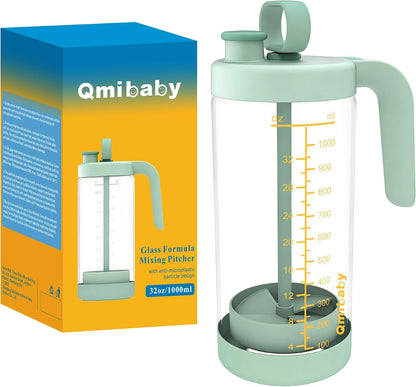 Borosilicate Glass Formula Mixing Pitcher – 32oz Mixing Capacity, Dishwasher-Safe, BPA-Free Lid, Perfect for Breastmilk Pitcher Method & Multi-Baby Feeding Green