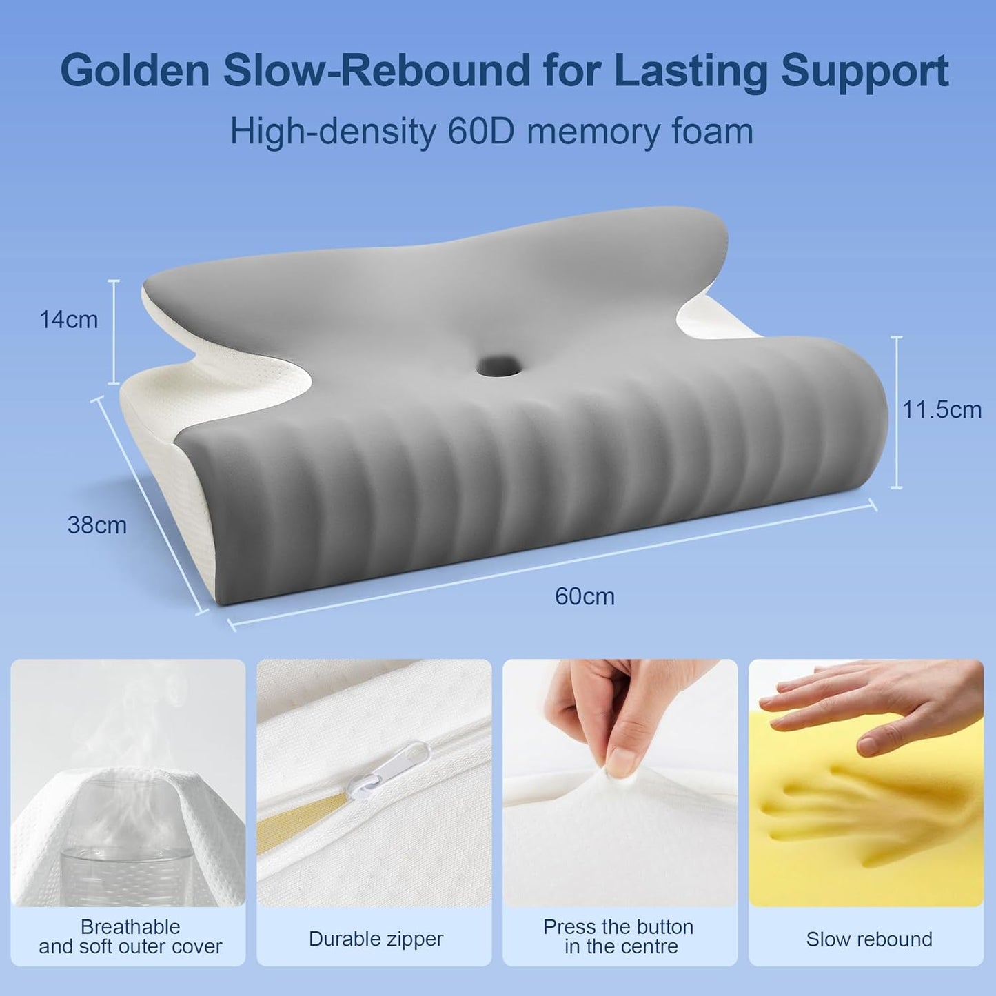 Winthome Memory Foam Pillow for Neck Pain, Restorative Sleep Cervical Pillow, 60D Slow Rebound Ergonomic Pillow with Removable Cover
