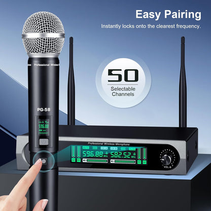 Wireless UHF Microphone System, w/ 2 Handhelds, Auto Scan,2x50 UHF Frequencies,200ft Range,Dynamic Microphone for Singing, Karaoke, Church