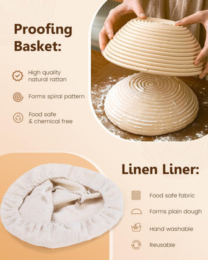 Bread Proofing Basket Set, 9 Inch Round and 10 Inch Oval Rattan Banneton Bowl with Sourdough Bread Making Tools