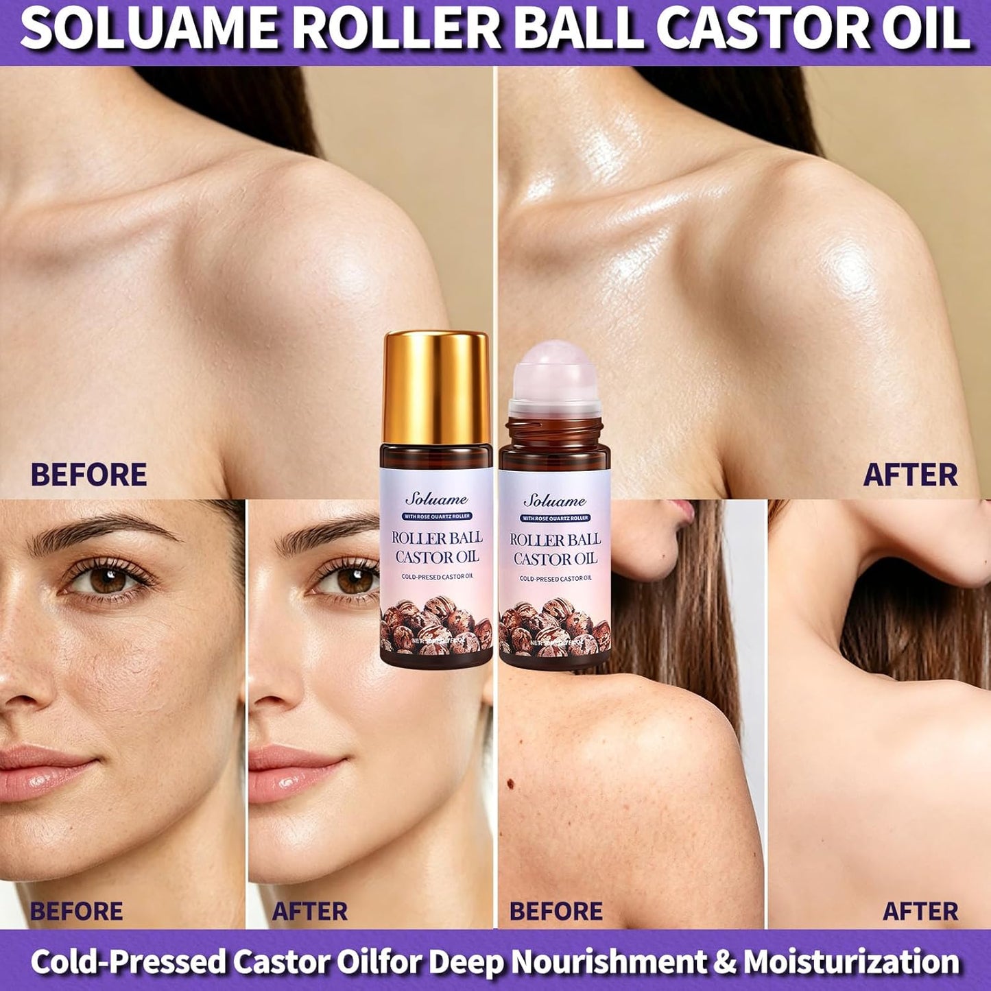 Roll-On Castor Oil with Rose Quartz Roller, Cold Pressed Castor Oil Roll-On for Face, Body and Neck, Moisturizing and Nourishing for Skin 1.7fl.oz
