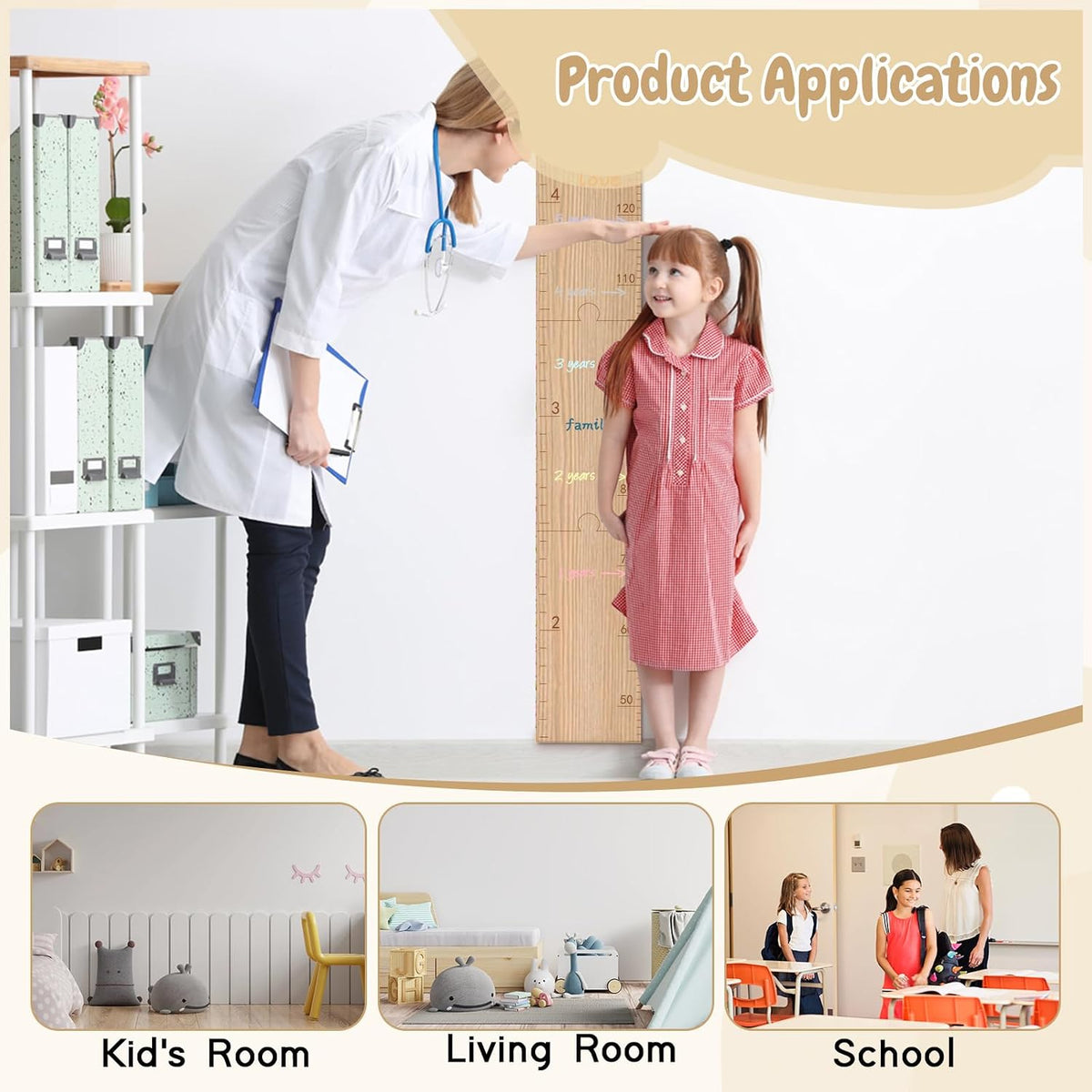 GUANKE Wooden Kids Height Chart for Wall, Natural Solid Wood Dual Scale (Feet/CM), Writable Growth Tracker, Easy Install Nursery Decor (Tree)