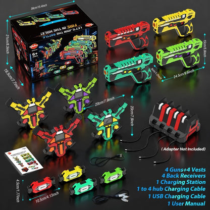 VATOS Rechargeable Laser Tag Set for 4 Players - 360° Combat, 2.4GHz Real-time Data Sync, Night Ready & 5 Weapon Modes - 4 Guns 4 Vests 4 Rear Receivers - Birthday Gifts for Kids Teens