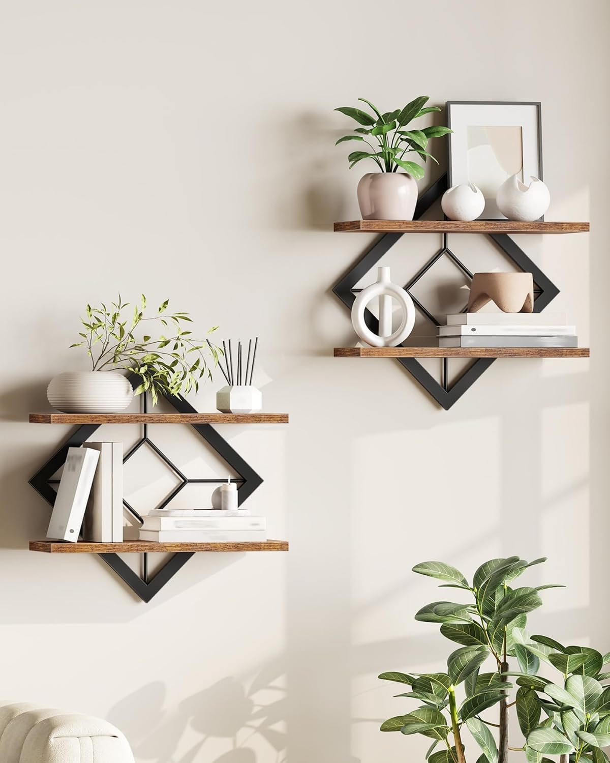 Floating Shelves Set of 2, Diamond-Shaped Wall Shelf, Rustic Brown