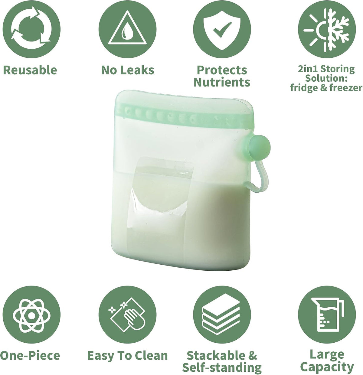 Reusable Silicone Breast Milk Storage Bags with Wide Opening, Double-Seal Design, One-Piece, Fridge and Freezer Storable (Green, 7 Packs)
