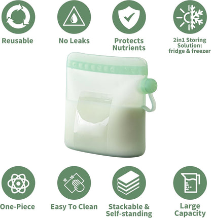 Reusable Silicone Breast Milk Storage Bags with Wide Opening, Double-Seal Design, One-Piece, Fridge and Freezer Storable (Green, 7 Packs)
