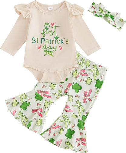 Letter Print Romper with Clover Print Flare Pants and Headband 3Pcs Set (3-6 Months)